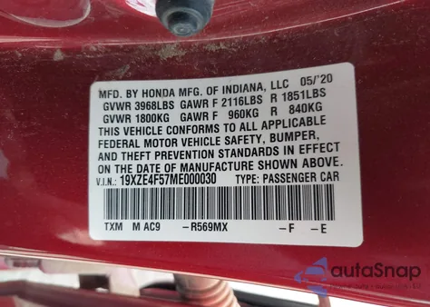 2021 Honda Insight Ex from USA, damaged, VIN 19XZE4F57ME000030